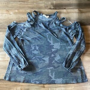 Women's Blue Camouflage Cold Shoulder Top